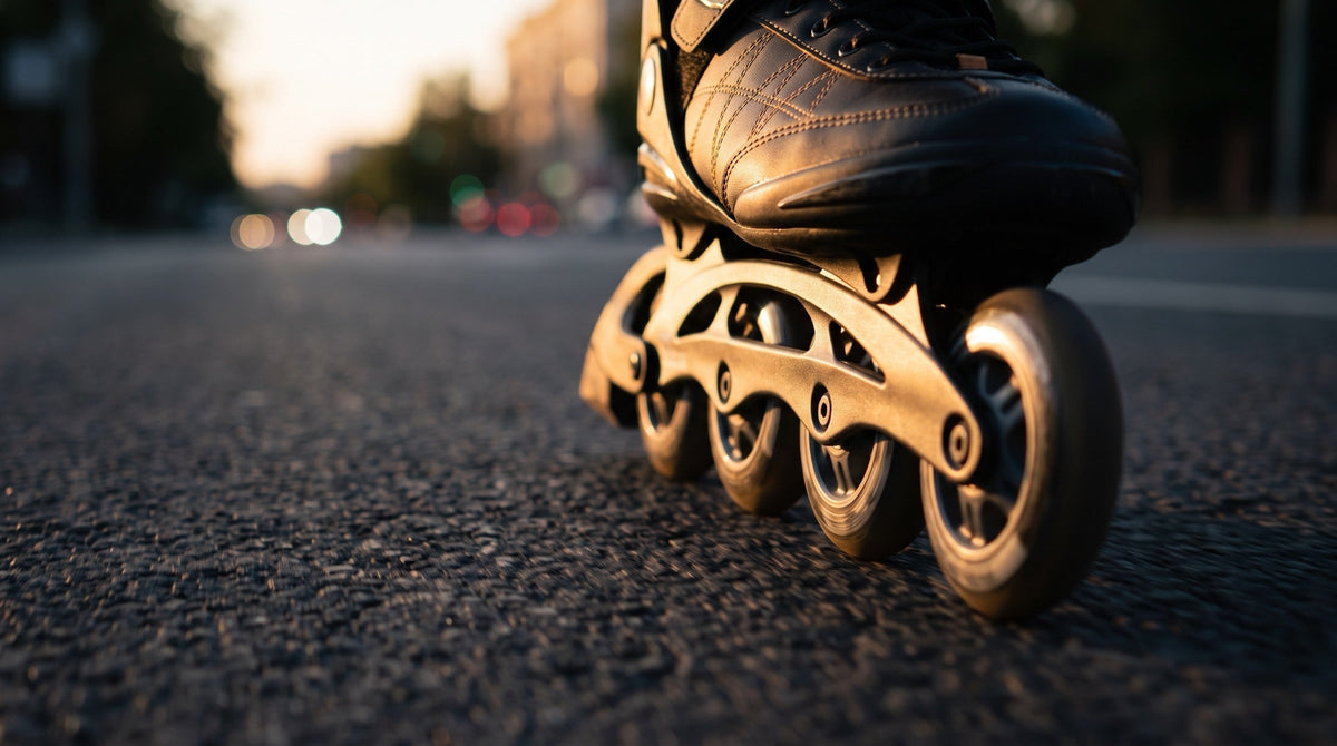 Close-up of an inline skate on tarmac