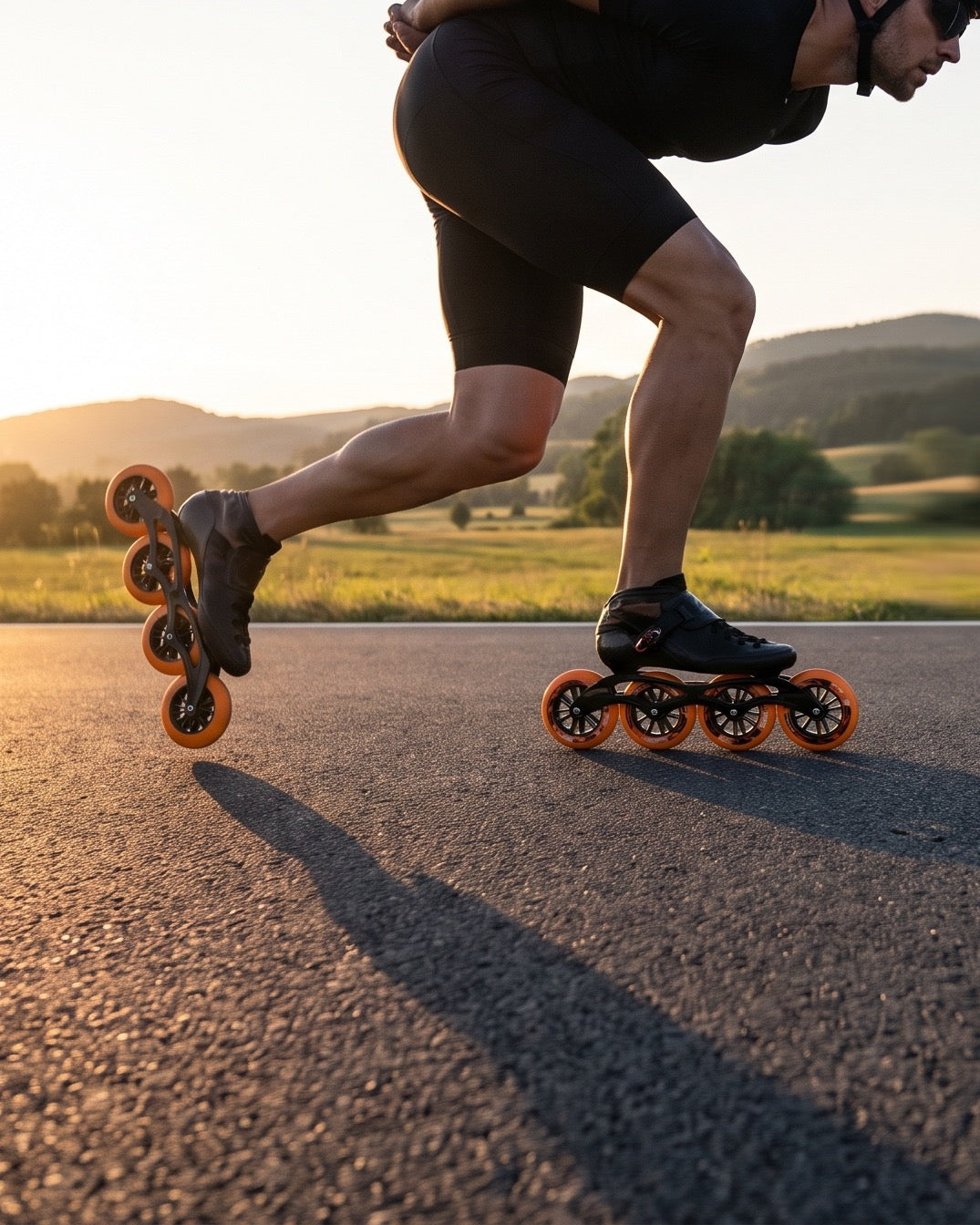 Speed skater with orange wheels on a country road in the evening sun