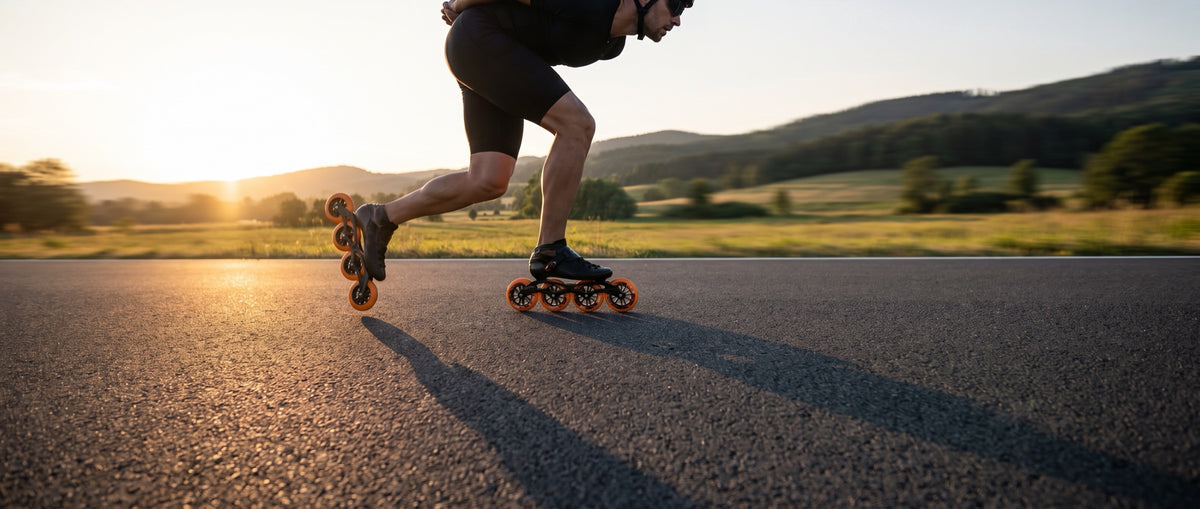 Speed skater with orange wheels on a country road in the evening sun