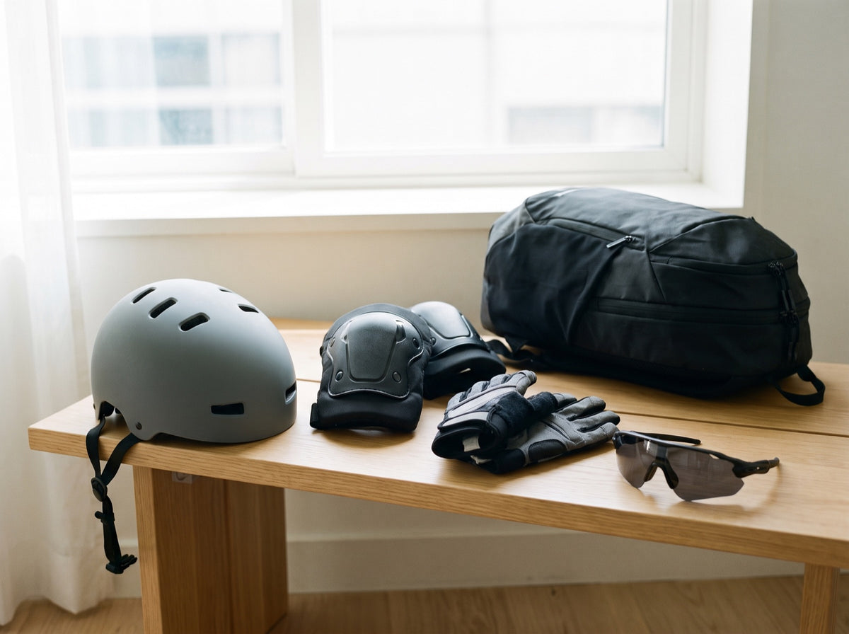 Inline-Helm, Knieschoner, Handschuhe, Sportrucksack und Sonnenbrille auf einer hellen Holzbank