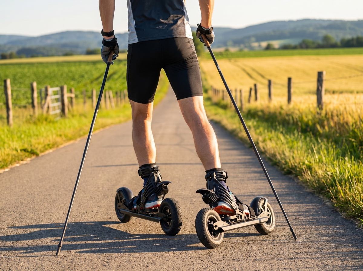 Person von hinten mit Skikes mit zwei großen Luftreifen und Nordic-Stöcken auf einem asphaltierten Feldweg