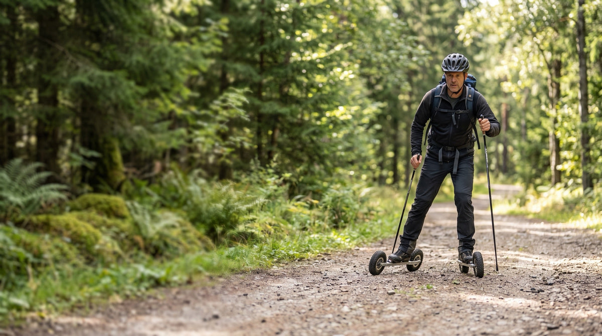 Off-Road-Skater mit Stöcken auf einem Waldweg