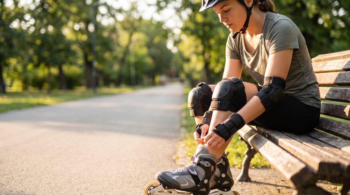 Patineuse en ligne mettant son casque et ses protège-articulations