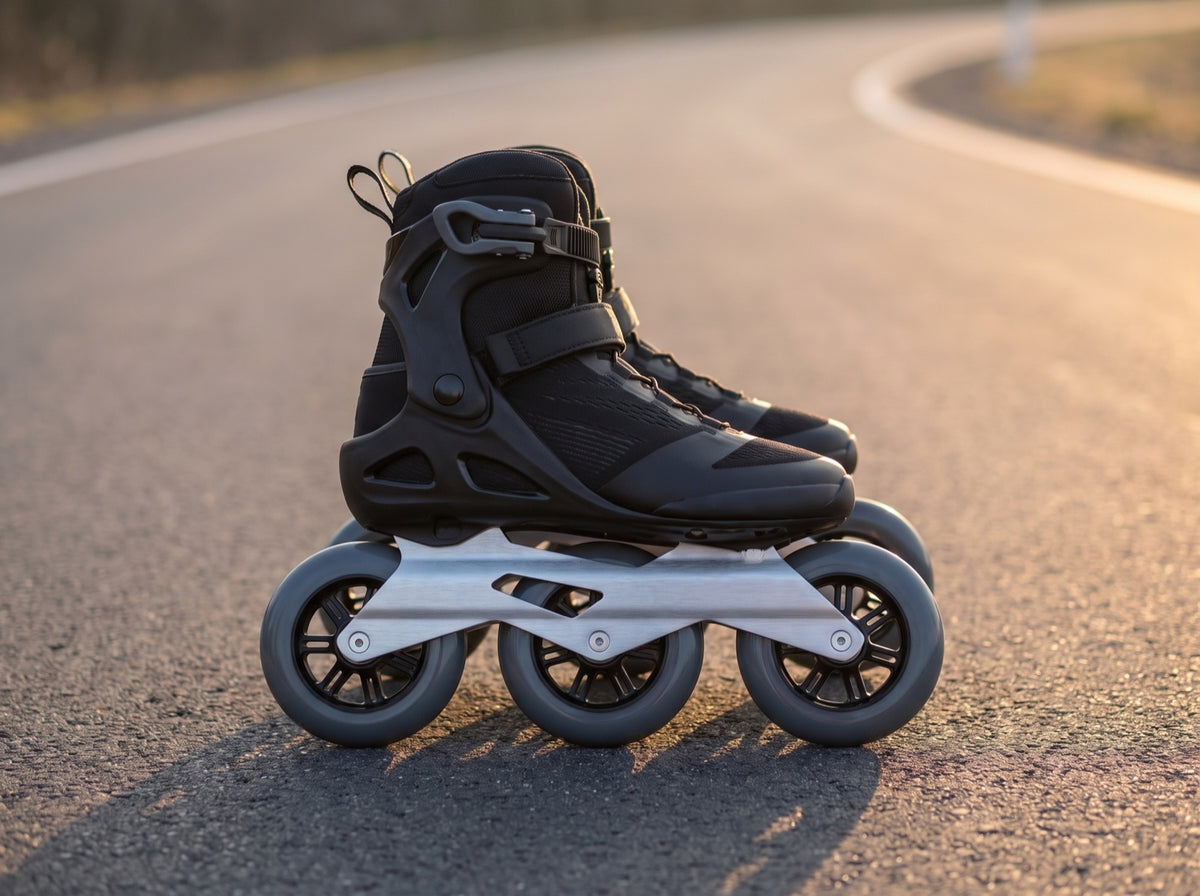 Fitness-Inline-Skate mit drei Rollen auf einem Parkweg