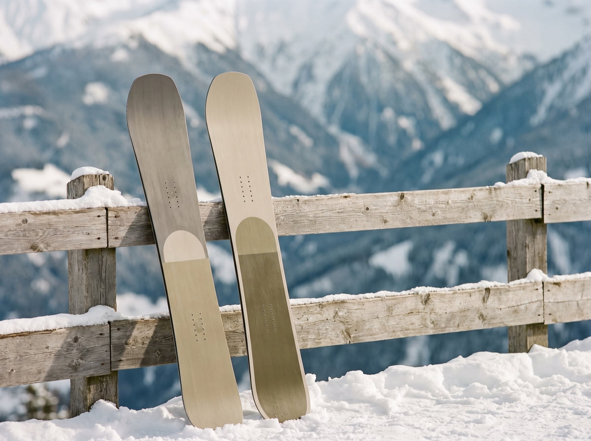 Zwei Snowboards ohne Bindung nebeneinander an einen verschneiten Holzzaun gelehnt