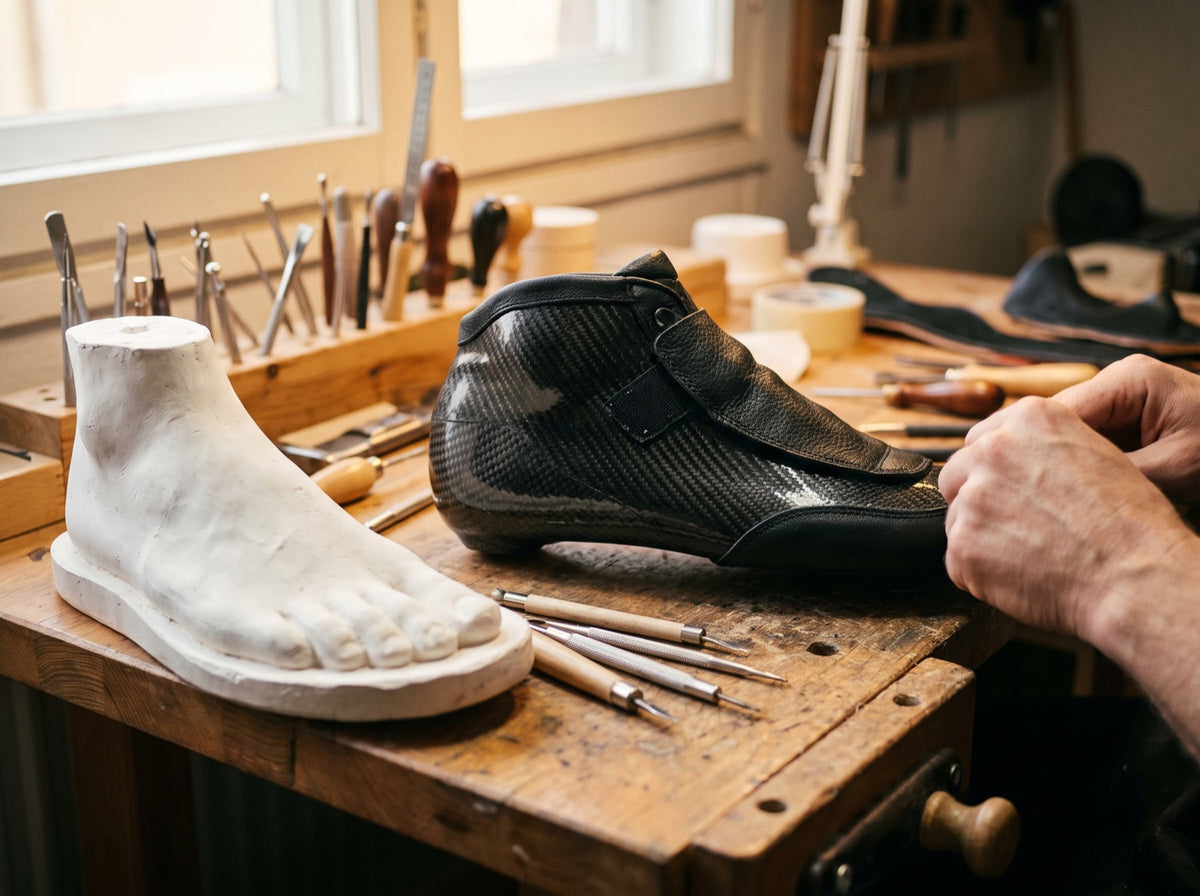 Handgefertigter Speedskate-Schuh aus Carbon in einer Werkstatt