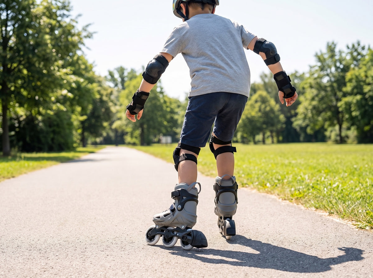 Kind auf Inline-Skates mit Helm und Schonern, von hinten auf einem Parkweg
