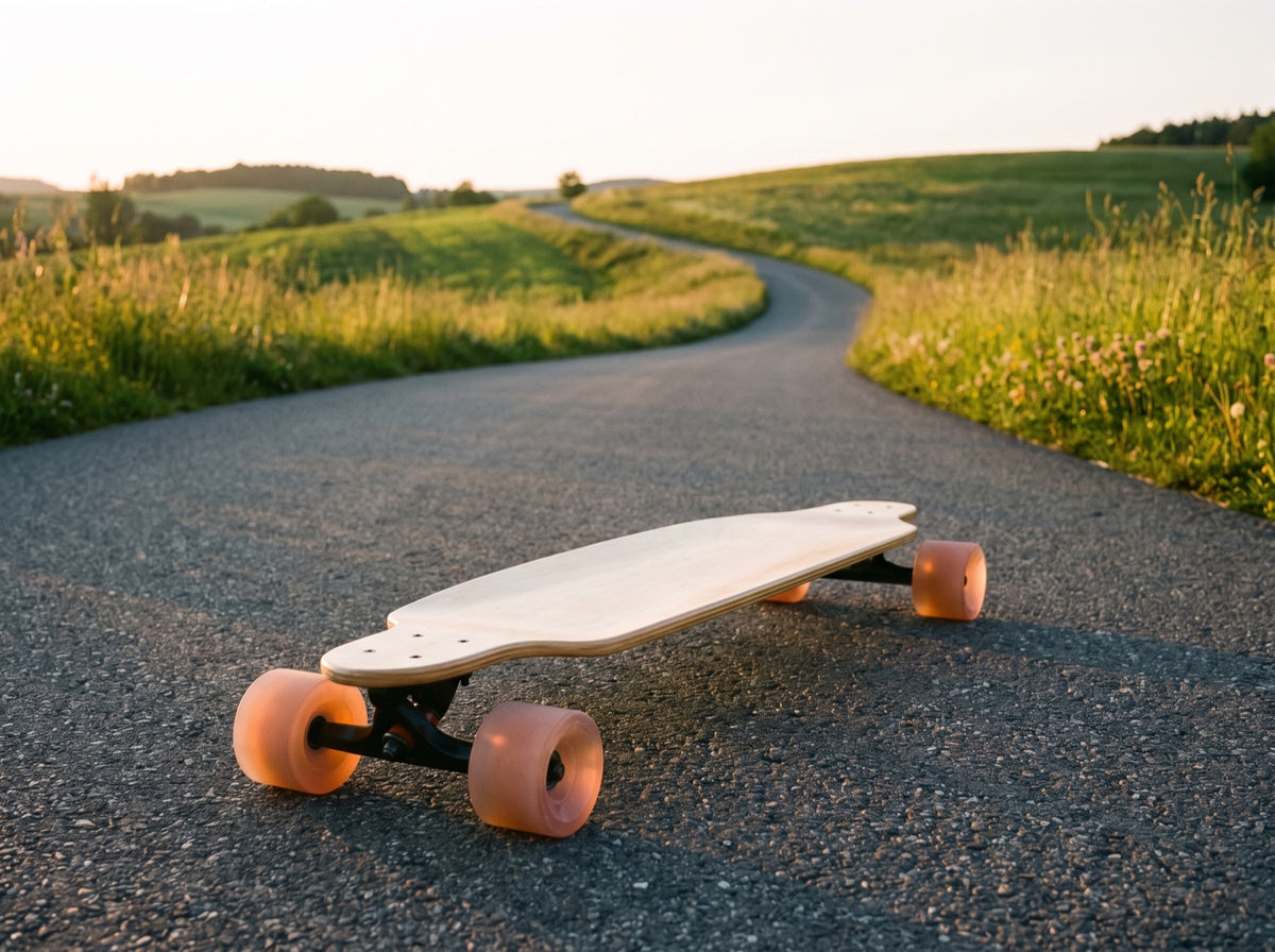 Longboard mit großen weichen Rollen auf einer leicht geschwungenen Asphaltstraße