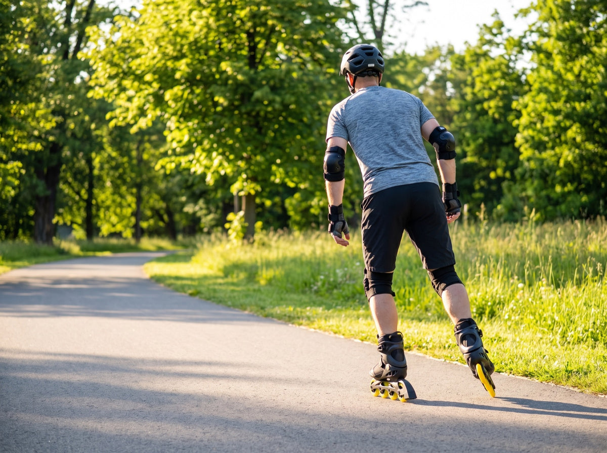 Inline-Skater von hinten mit Helm, Knieschonern und Handschuhen auf einem Radweg