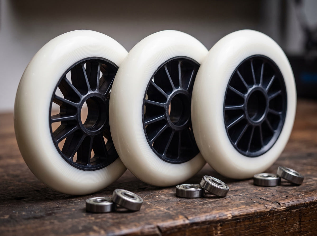 Große Speedskate-Rollen auf einer Aluminiumschiene in Nahaufnahme
