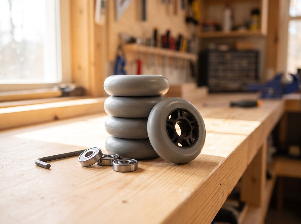 Inline-Skate-Rollen mittlerer Größe auf einem Holztisch neben einem Fitness-Skate