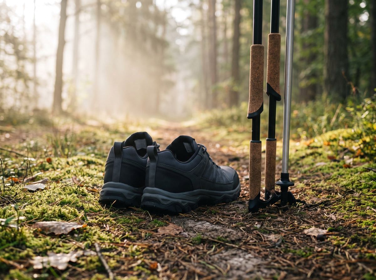 Neue Outdoor-Sportschuhe ohne Logo auf einem Waldweg neben Nordic-Walking-Stöcken