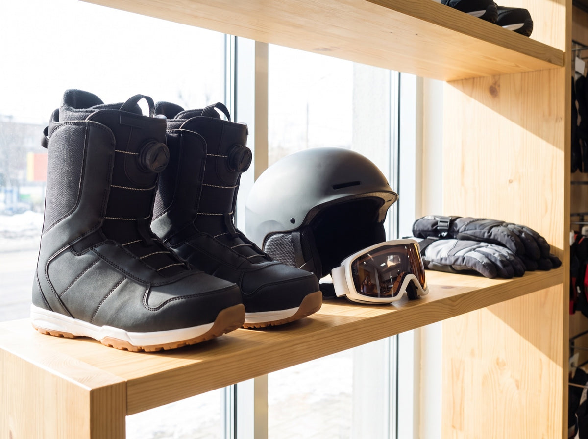 Snowboardschuhe, Helm, Skibrille und Handschuhe ordentlich auf einem Holzregal aufgereiht