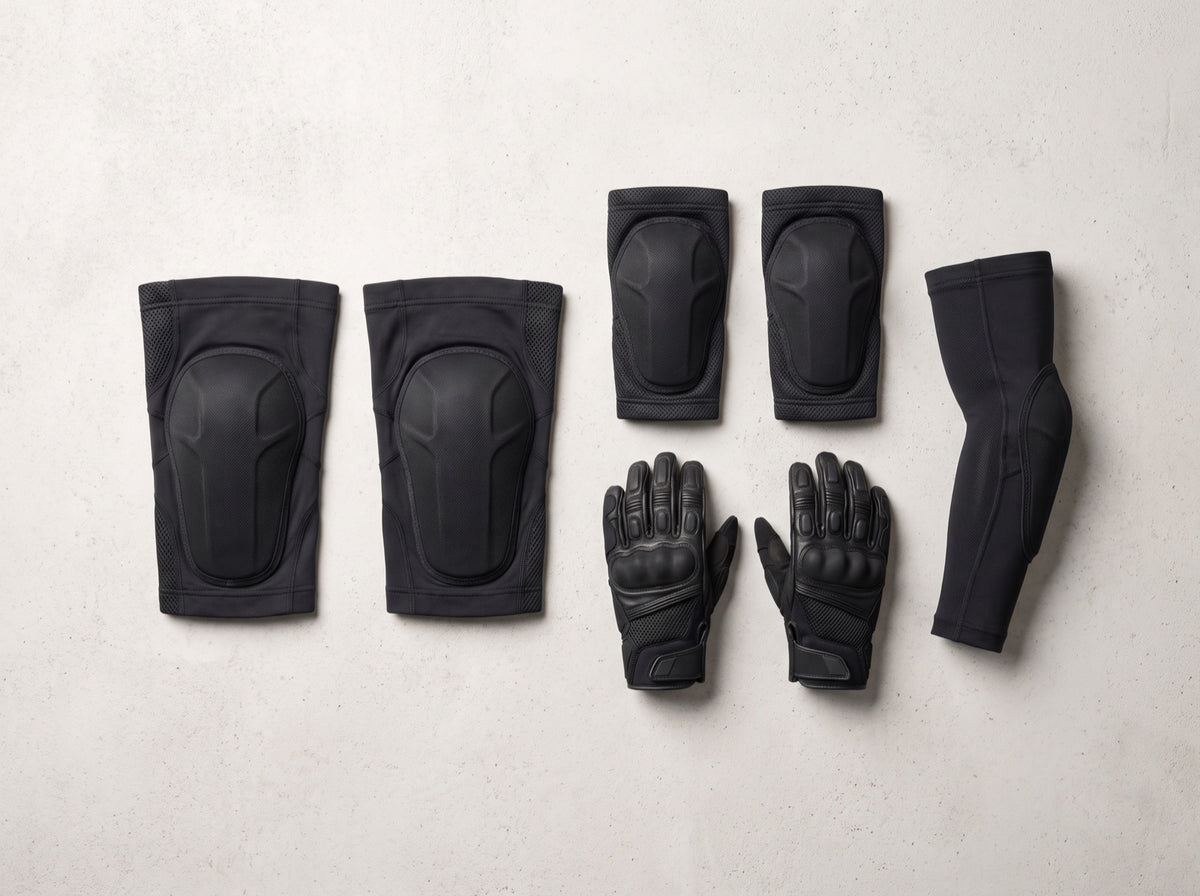 Knieschoner, Armschoner, Race-Handschuhe und schwarzer Armschutz-Ärmel auf hellem Untergrund