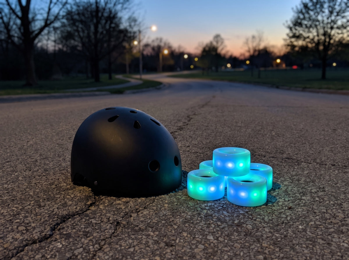 Skatehelm neben vier leuchtenden LED-Rollen für Longboards auf Asphalt