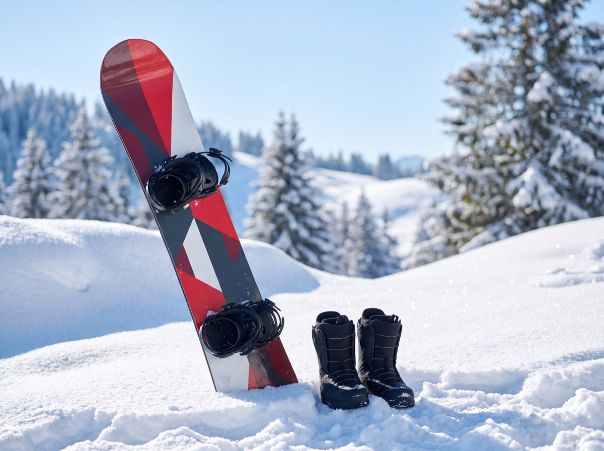 Snowboard mit Bindung und Snowboardschuhen im Schnee