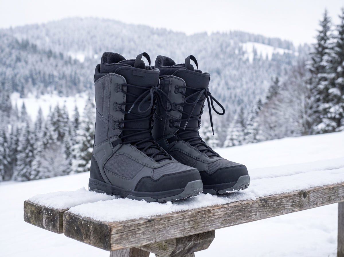 Ein Paar Snowboardschuhe mit Schnürung auf einer verschneiten Holzbank