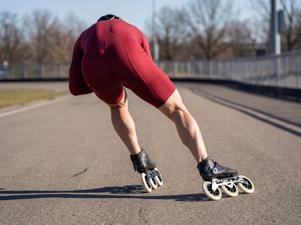 Speedskater im eng anliegenden Rennanzug von hinten beim Training auf einer Skatebahn