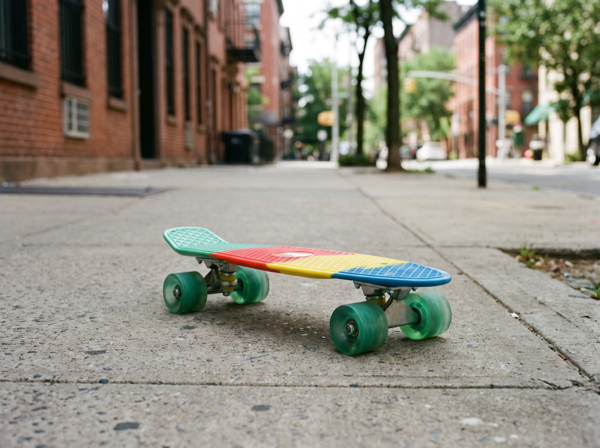 Kleines Kunststoff-Skateboard mit weichen Rollen auf einem Gehweg